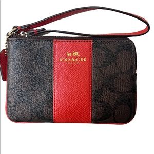 Coach corner zip wristlet signature canvas brown and red orange
